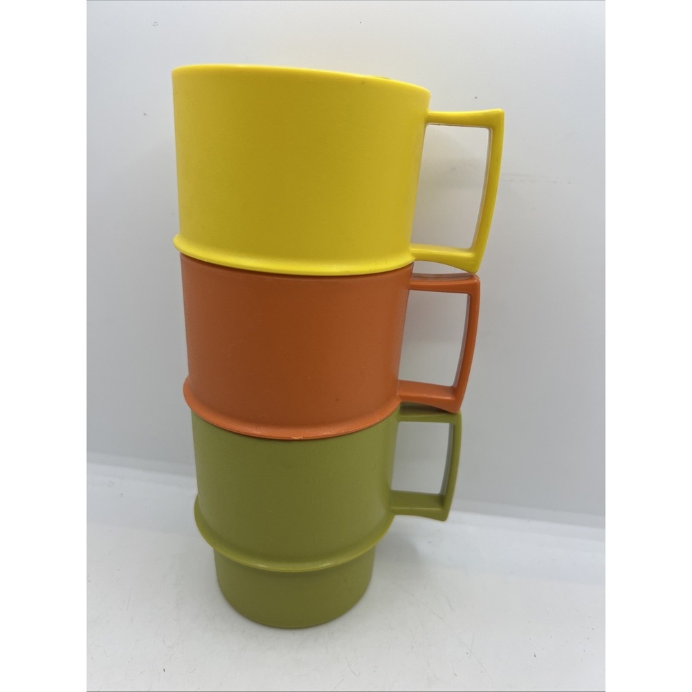 1970s Vintage TUPPERWARE Coffee Mugs Cup‎ Orange Green Yellow Set of 3 Stackable